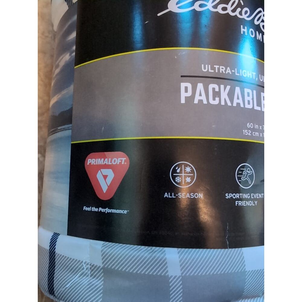 NEW Eddie Bauer Packable Throw 60 X 70 inches Gray Blue White Checked Pattern - Picture 2 of 9